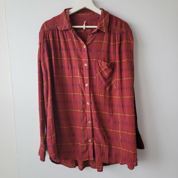 Free People Break My Stride Metallic Plaid Button-up Tunic Sherry Combo size M - Picture 1 of 8